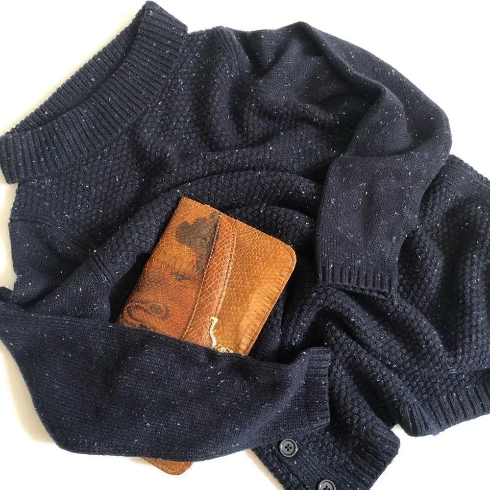 Talbots mock turtleneck dark blue sweater with button detail on the sides